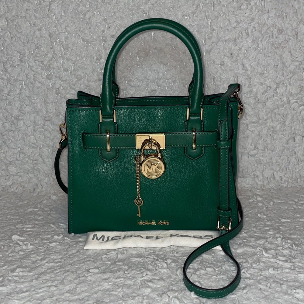 Michael Kors Hamilton Small Green Leather Satchel Shoulder Crossbody Bag Purse